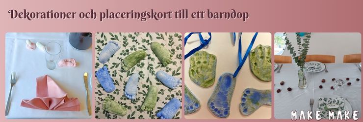 Dekorationer och placeringskort till ett barndop med avgjutningar av babyns fot.