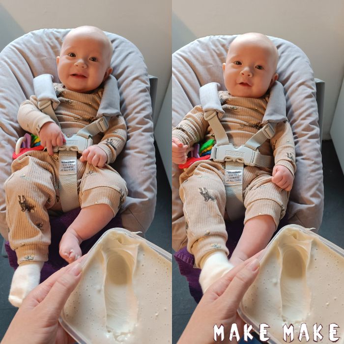 Glad baby fr lavet fodafstbning i alginat mens han sidder i babydelen til tripptrapp-stolen.