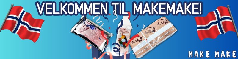 Åpningsfest i anledning av at MakeMake åpner avdeling i Norge. Produkter spretter ut av pakken, og norske flagg pryder hver side.