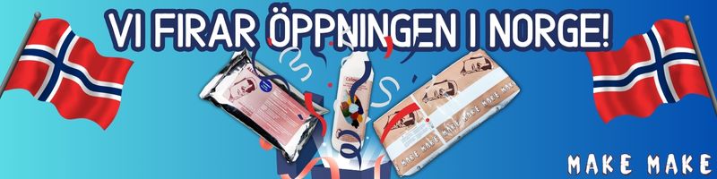 Invigningsfest med anledning av att MakeMake öppnar en avdelning i Norge. Produkter hoppar upp ur paketet och norska flaggor pryder varje sida.