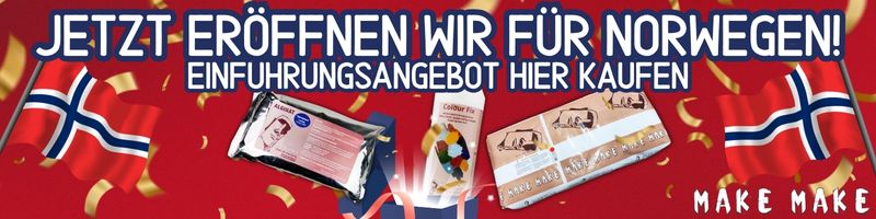 Jetzt öffnen wir für Norwegen! Sichere dir unsere Einführungangebote hier.  Norwegische Flaggen wehen, und aus einer Geschenkbox springen MakeMake Dekorationsbeton, Colour Fix und Alginat. Konfetti fällt von oben herab.