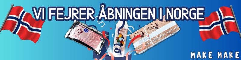 Åbningsfest i anledning af at MakeMake åbner afdeling i Norge. Produkter springer op af pakke og norske flag pryder i hver side. 