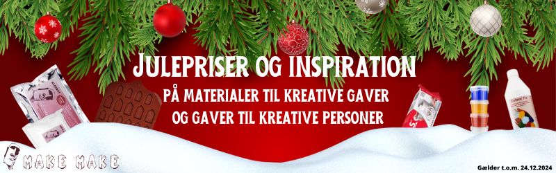 Julepriser og inspiration - julebanner med gran i top og sne i bund og rød baggrund. Tekst: på materialer til kreative gaver og gaver til kreative personer. 