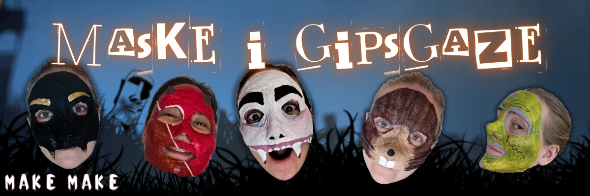 Banner med teksten 'Maske i gipsgaze' og forskellige eksempler på de masker man kan lave med gipsgaze. f.eks. vampyr, djævel og heks. I baggrunden er der grafik af en kirkegår med halloween tema.