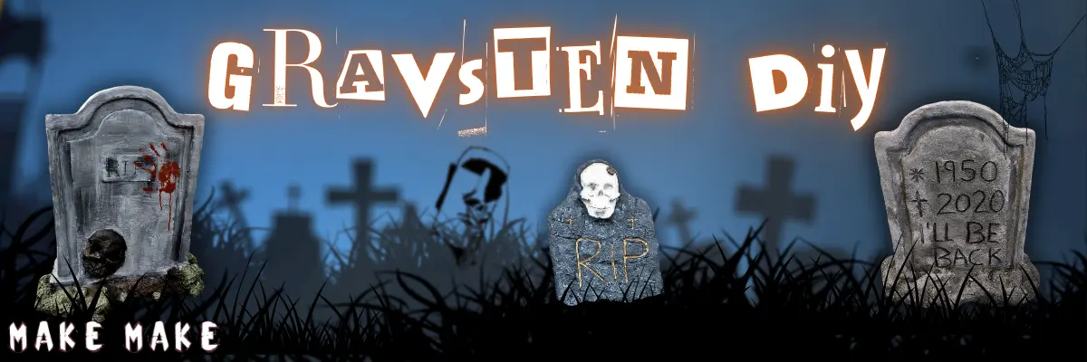 Halloween gravsten diy: Banner med gravsten til Halloween pynt til udendørs du kan lave selv. På billedet ses tre gravsten lavet i dekorationsbeton, hvor der står RIP, aftryk af blodige hænder og indstøbte kranier.