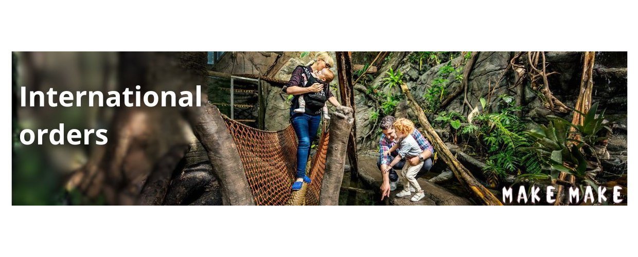 Banner with 'International orders' written and a background from Universeum in Gothenburg of a rainforrest setting with artificial rocks made from MakeMake concrete and a family enjoying their trip to Universeum's rainforrest.