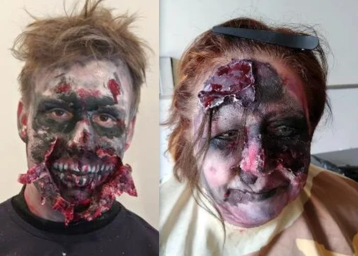 Zombie makeup - lavet med flydende latex. Løs hud og kunstige sår der hænger fra en unge mand og en kvindes ansigt.